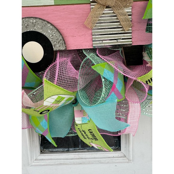Pink Mint Green Camper Mesh Ribbon Easter & Spring Wreath Front Door Hanger xxx - Picture 7 of 10